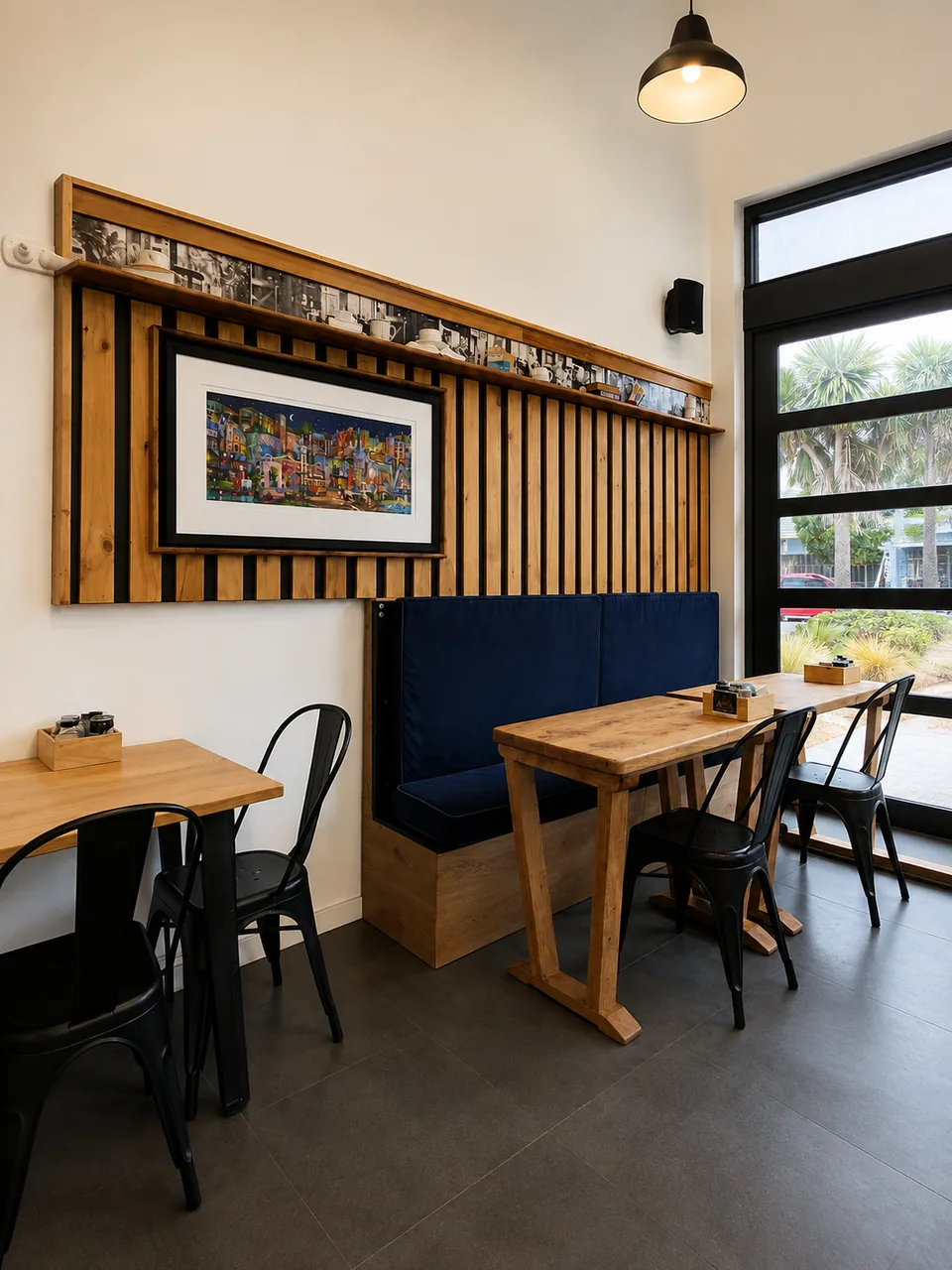 Wooden tables and window seating inside Open Book Cafe