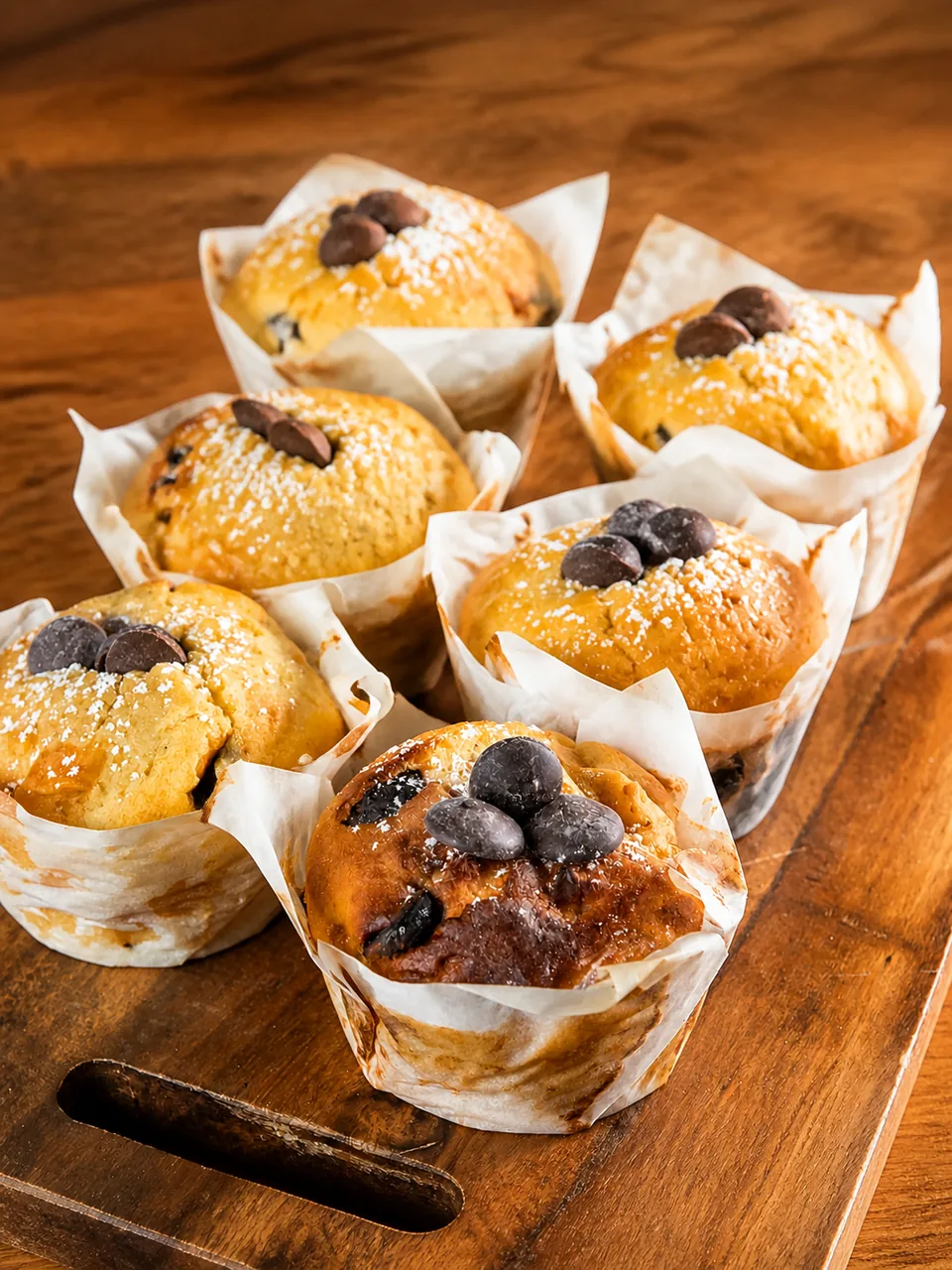 Chocolate chip muffins on a wooden board