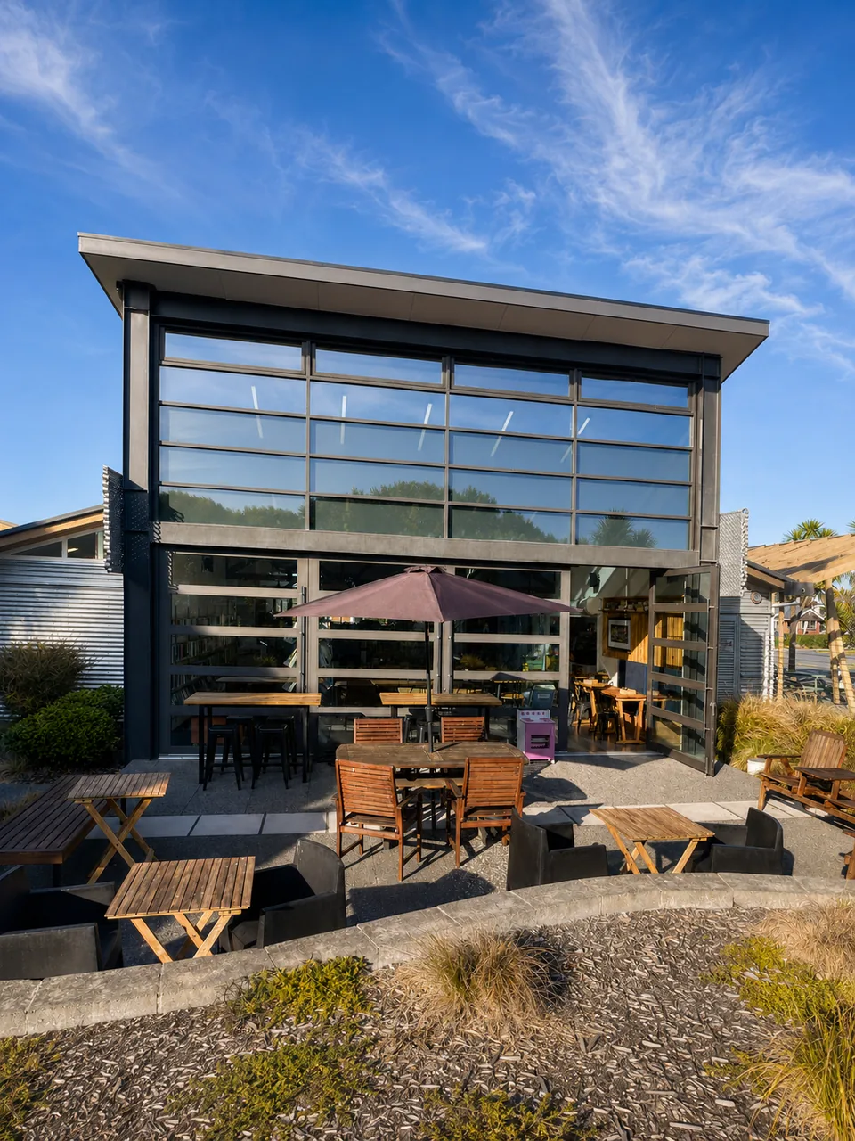 Open Book Cafe exterior and outdoor tables