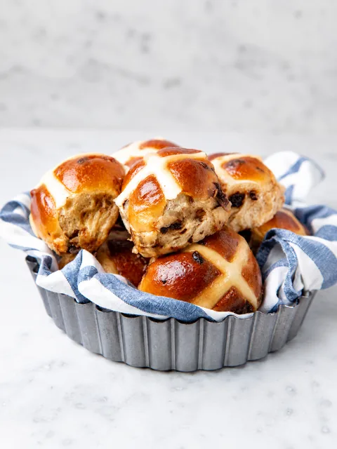 Hot cross buns in a bowl