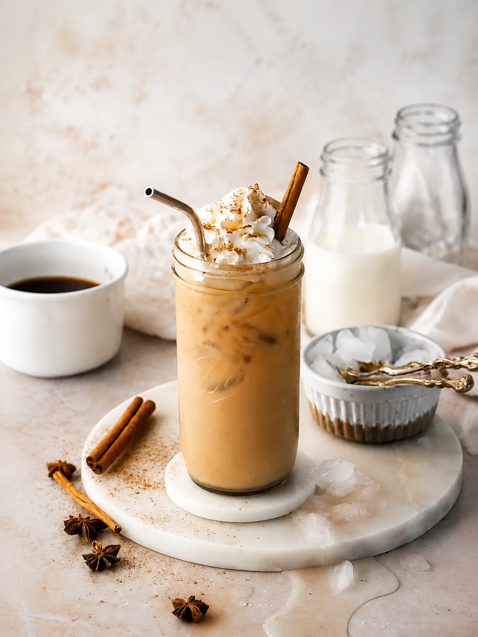 Iced coffee topped with cream and cinnamon