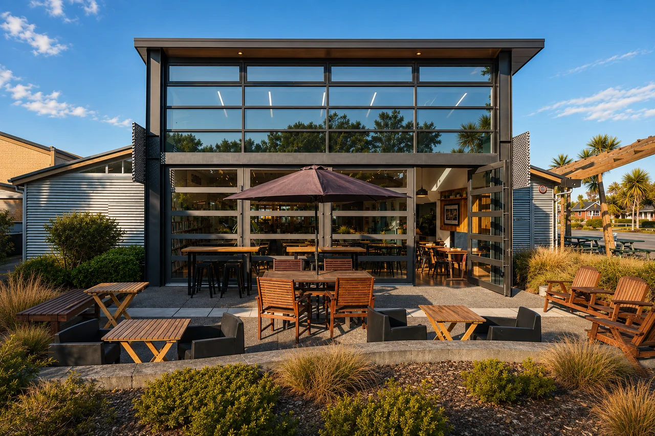 Open Book Cafe's glass-fronted entrance and outdoor tables at Parklands Library