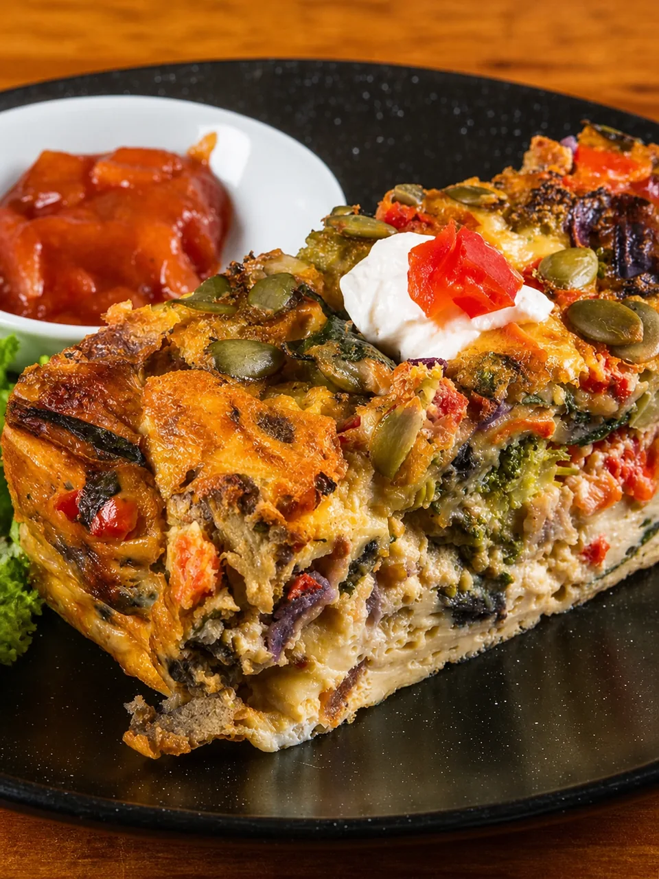 A slice of savoury quiche with salad on a black plate